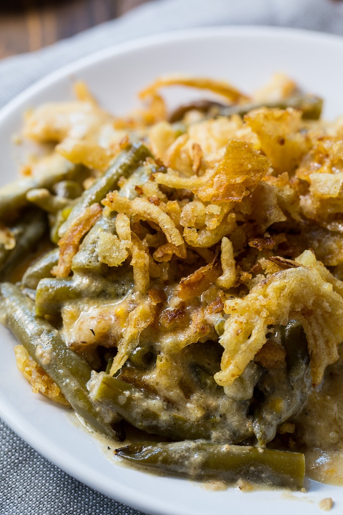 Slow Cooker Green Bean Casserole with a crunchy onion topping