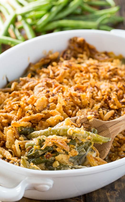 Cheesy Green Bean Casserole - super creamy with a fried onion topping.