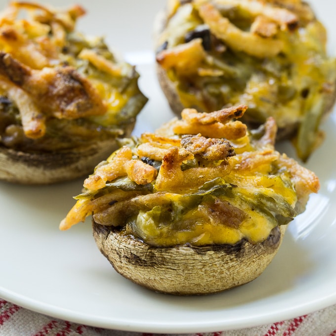 Green Bean Casserole Stuffed Mushrooms on a white plate.