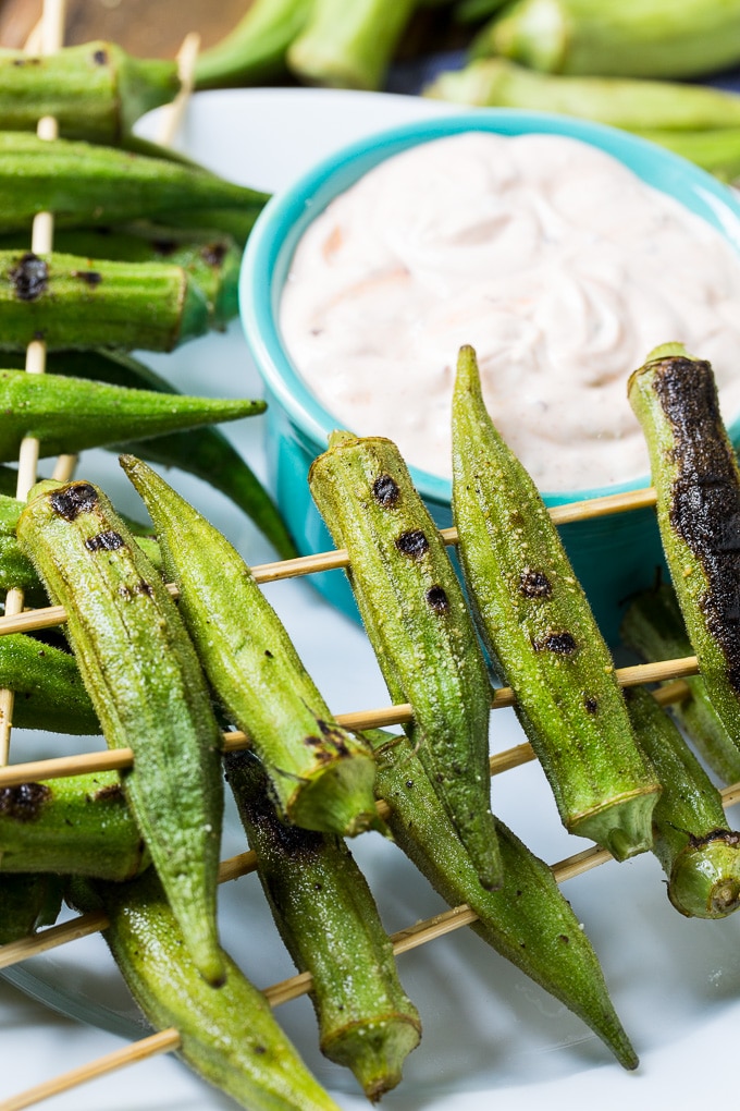 Grilled Okra with Spicy Chipotle Sauce