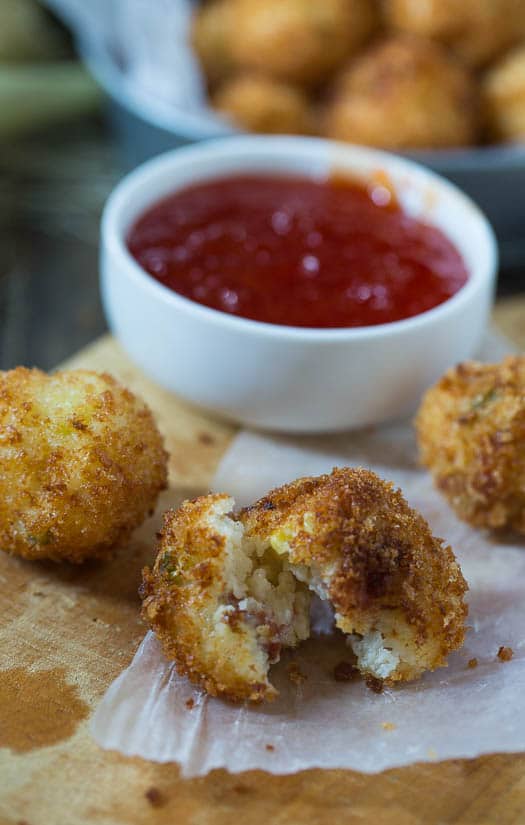 Grits Fritters with Bacon and Cheese and a Red Pepper Jelly Dipping Sauce