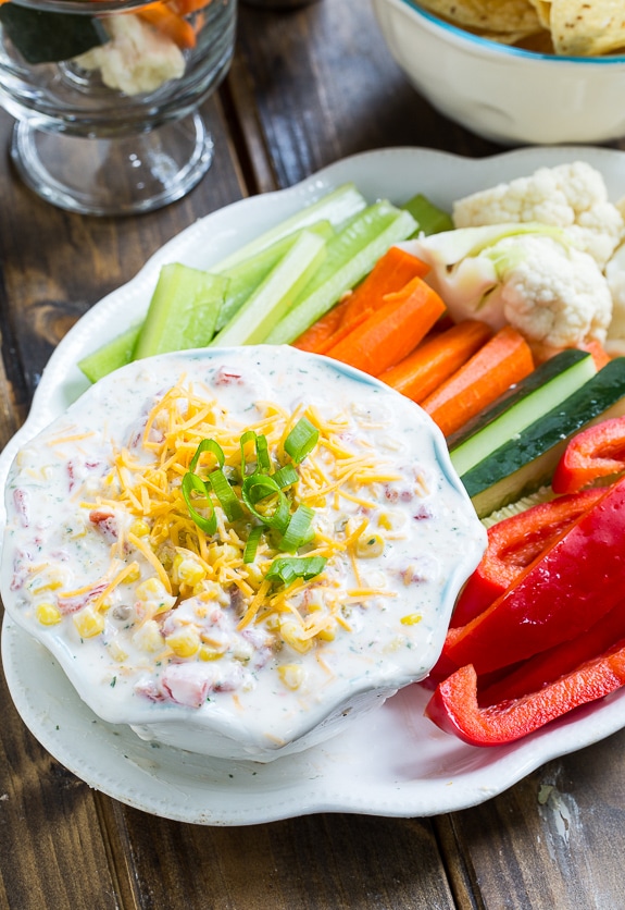 Skinny Fiesta Ranch Dip. Greek yogurt makes this creamy dip high protein and lowfat. All of the flavor, none of the guilt!