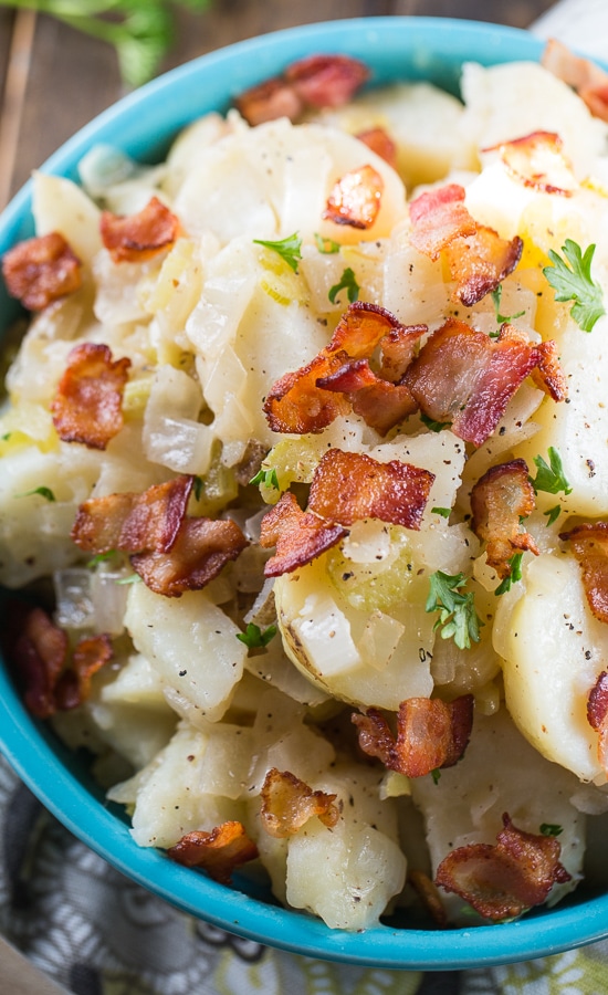Hot Potato Salad with tons of bacon. This side dish is both sweet, sour, and salty. #SplendaSweeties #SweetSwaps #savory 