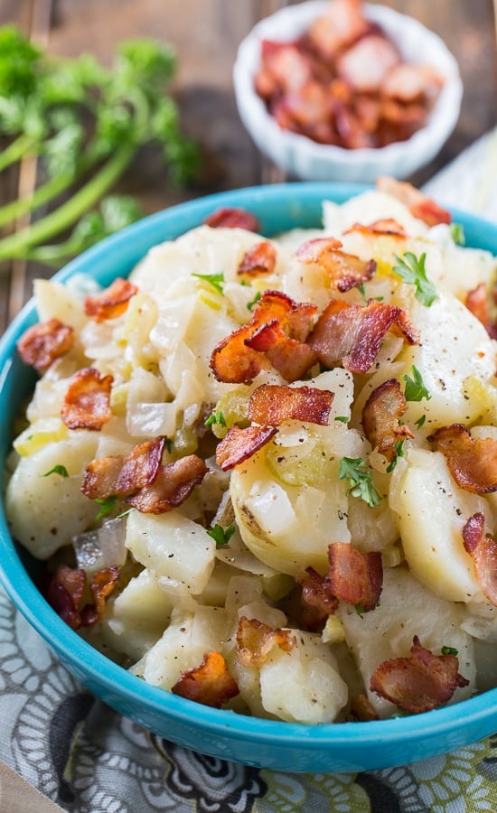 Hot Potato Salad with tons of bacon. A great side dish that's sweet and sour and salty! #SplendaSweeties #SweetSwaps #savory
