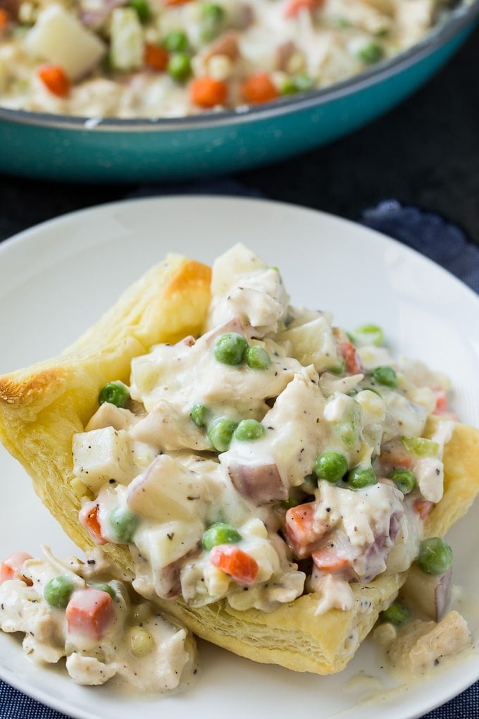 Inside Out Chicken Pot Pie in a puff pastry bowl