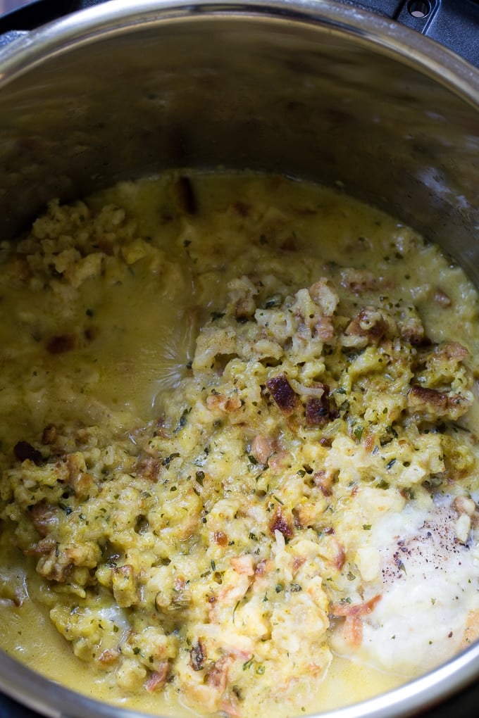 Instant Pot Swiss Chicken (chicken and stuffing casserole with swiss cheese)