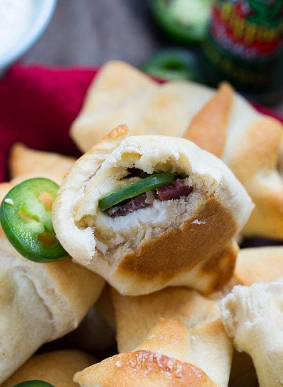 Jalapeno Popper Crescent Rolls with cream cheese, bacon, and jalapenos plus a spicy Ranch to dip them in.