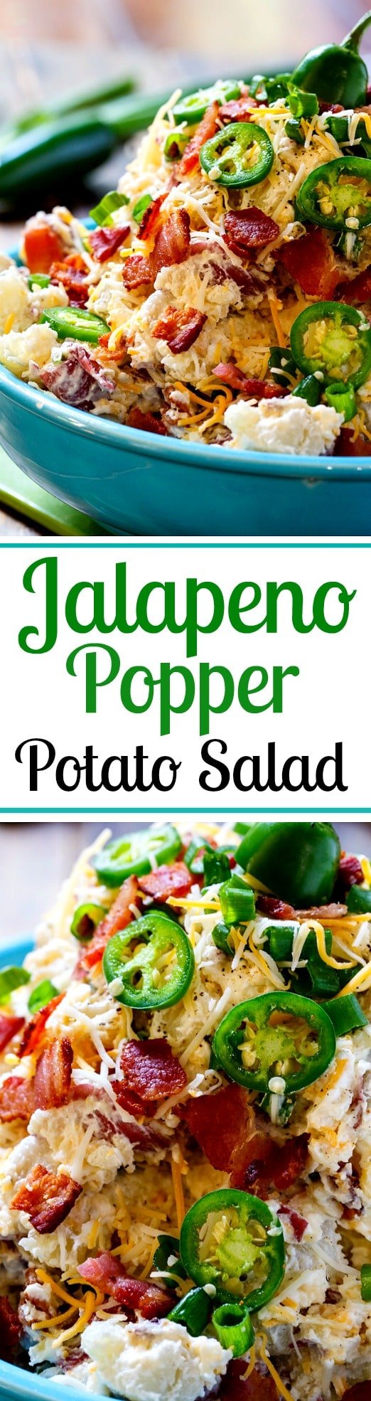 Jalapeno Popper Potato Salad flavored with cream cheese, bacon, and lots of jalapenos.
