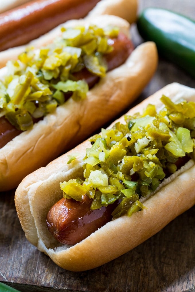 Jalapeno Relish makes a great topping for hot dogs
