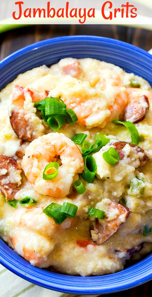 Close-up of grits in a blue bowl.