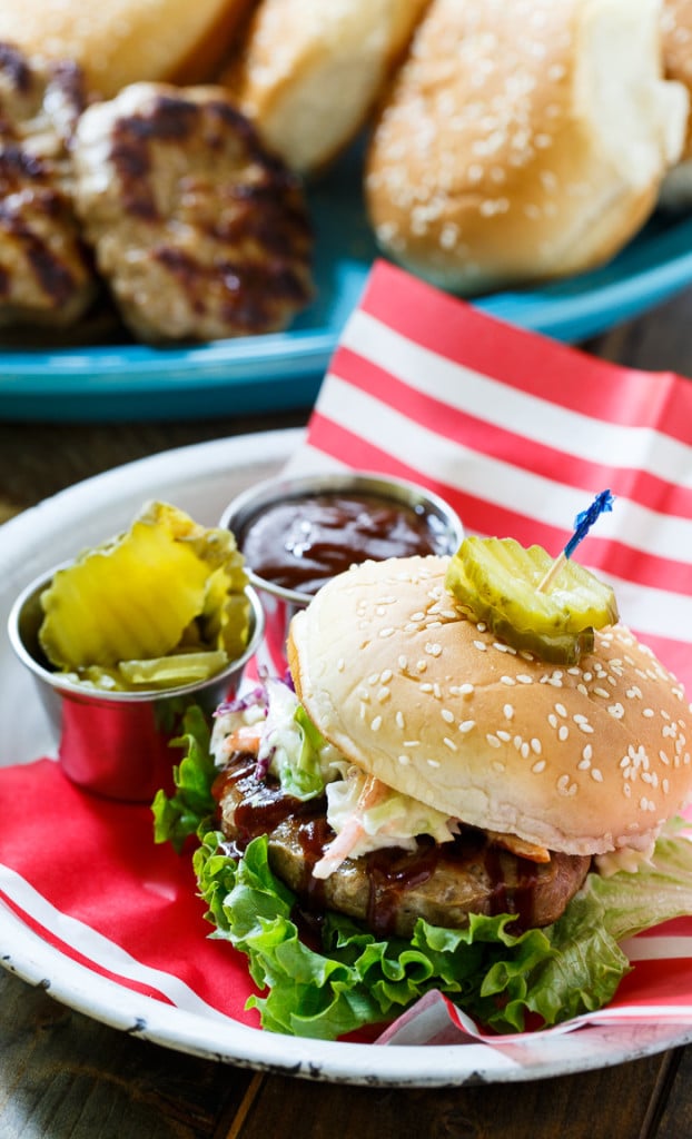 Southern BBQ Pork Burgers with creamy coleslaw and BBQ sauce. 