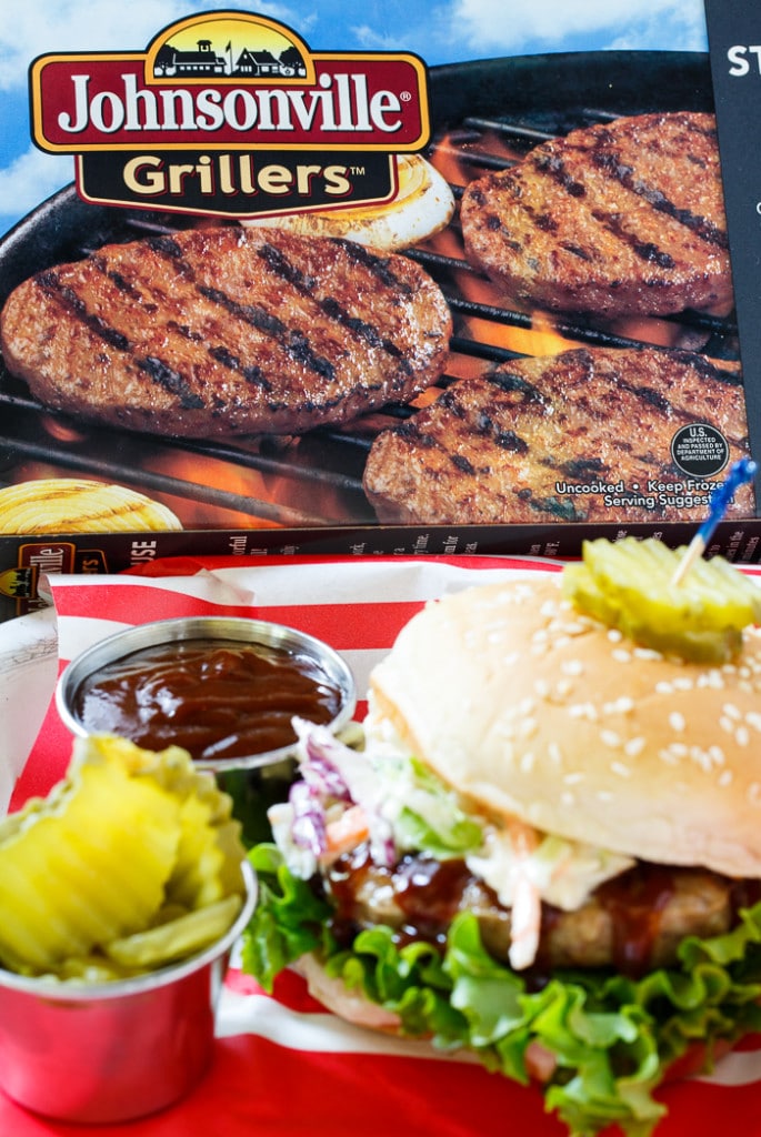 Southern BBQ Pork Burgers with creamy coleslaw and BBQ sauce. 