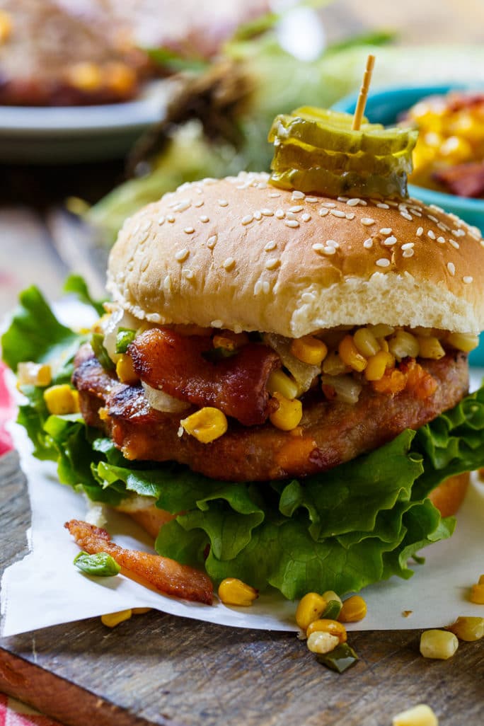 Pork Burgers with Bacon-Corn Saute