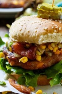 Pork Burgers with Bacon-Corn Saute