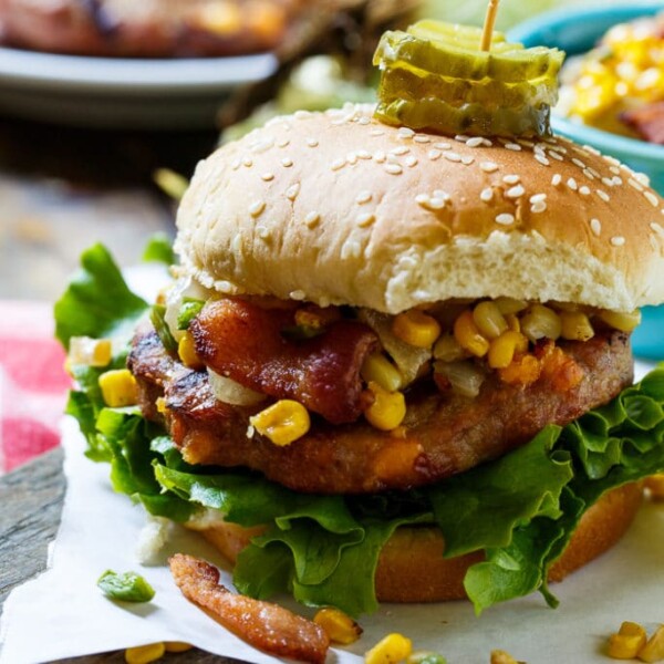 Pork Burgers with Bacon-Corn Saute