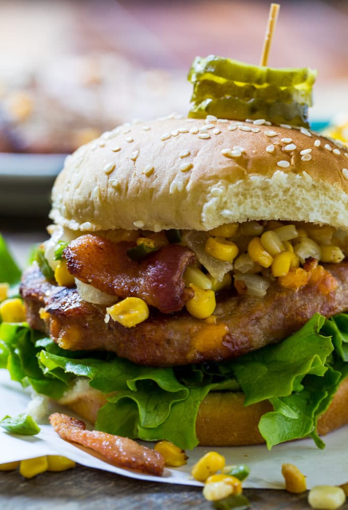 Pork Burgers with Bacon-Corn Saute