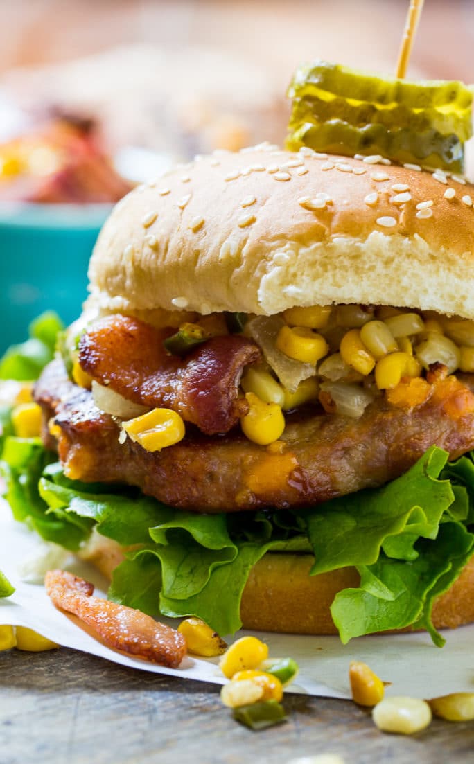 Pork Burgers with Bacon-Corn Saute