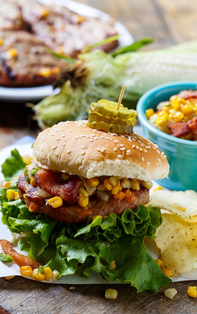 Pork Burgers with Bacon-Corn Saute