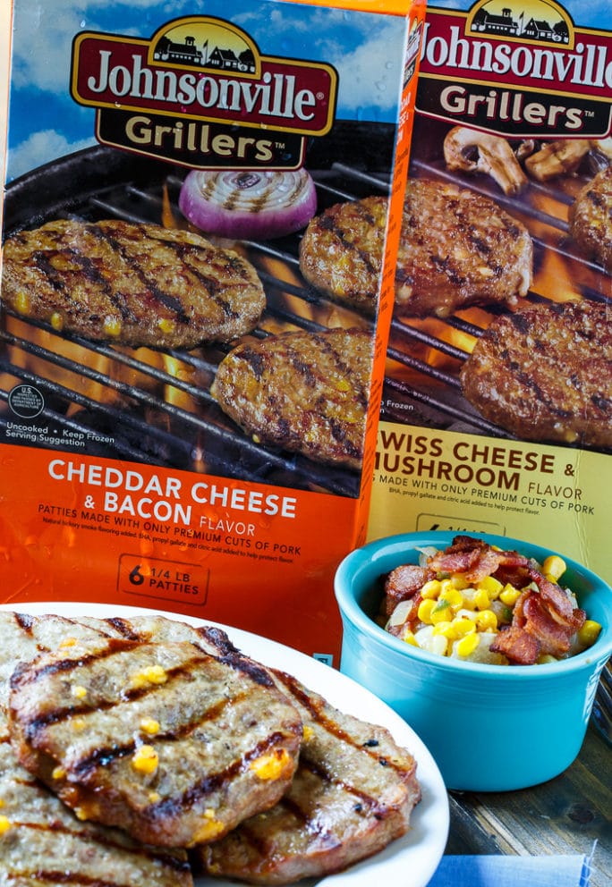 Pork Burgers with Bacon-Corn Saute made with Johnsonville Grillers