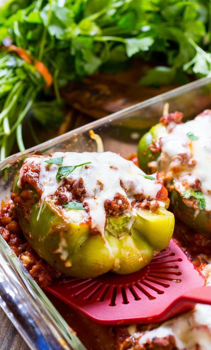 Lasagna Stuffed Peppers- a low carb way to enjoy lasagna with lots of meat sauce and cheese.
