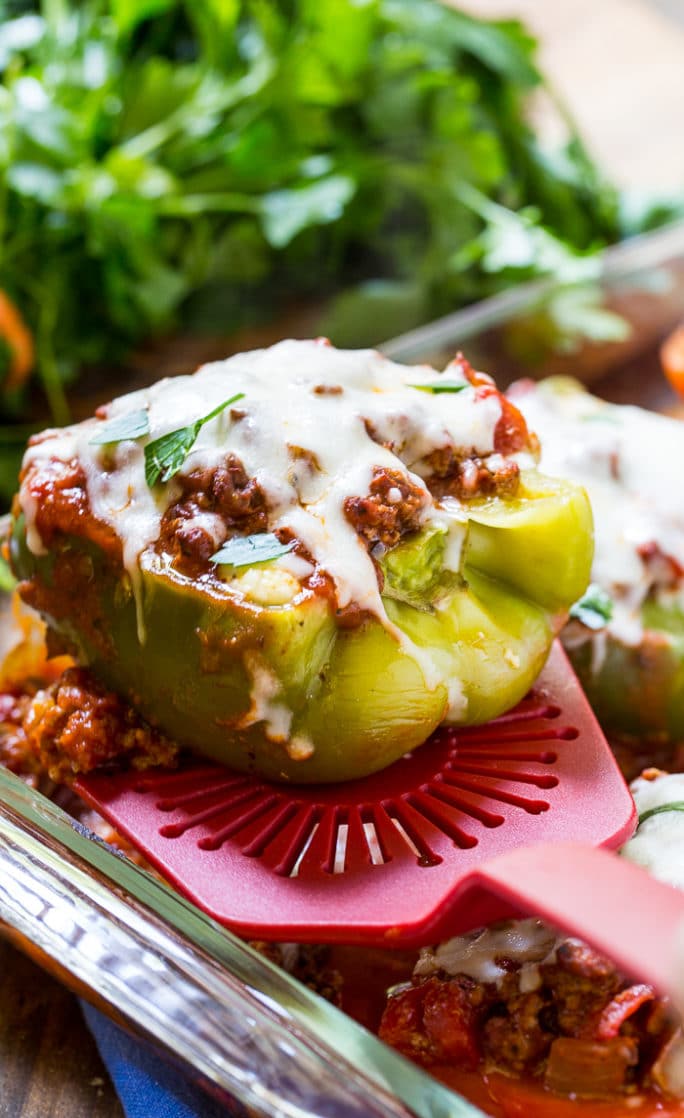Lasagna Stuffed Peppers- a low carb way to enjoy lasagna with lots of meat sauce and cheese.