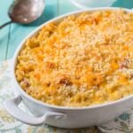 Mac and Cheese with Ham in a casserole dish.