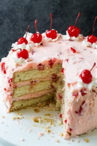 White Cake with Maraschino Cherry Frosting - Spicy Southern Kitchen