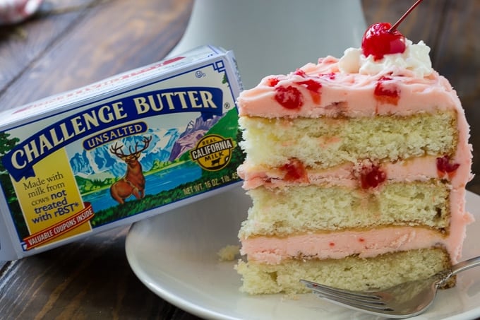 White Cake with Maraschino Cherry Frosting made with Challenge butter