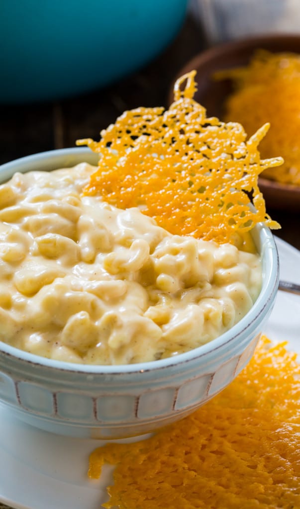 Stovetop Mac and Cheese in a light blue bowl.