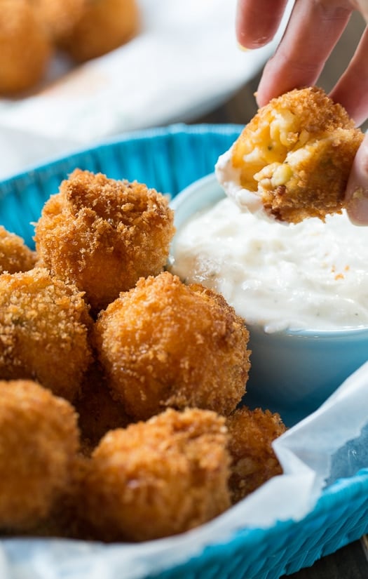 Fried Mashed Potato Balls with ranch dip. Great for using up Thanksgiving leftovers.
