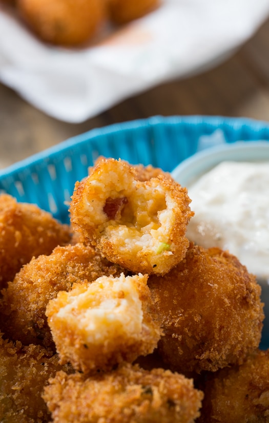 Fried Mashed Potato Balls with ranch dip. Great for using up Thanksgiving leftovers.