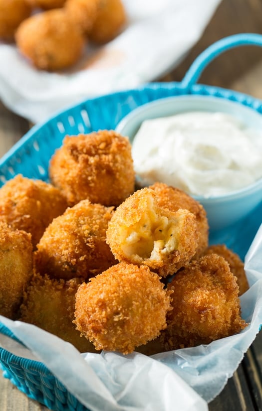 Fried Mashed Potato Balls with ranch dip. Great for using Thanksgiving leftovers.