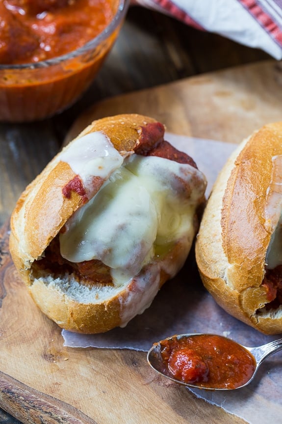 Tender and juicy meatballs made in the crockpot. Make perfect meatball subs.