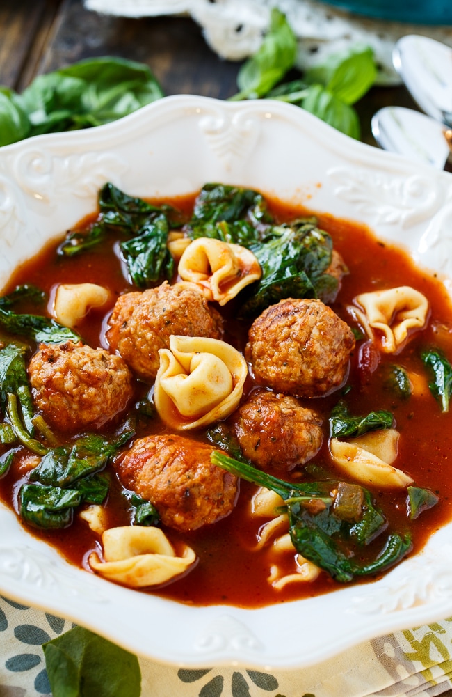 Meatball and Tortellini Soup with spinach