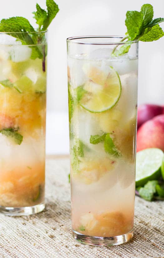 Close-up of Nectarine Mojitos in tall glasses.