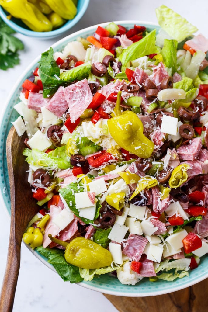Muffaletta Salad with lots of meat and cheese. Perfect for Mardi Gras!