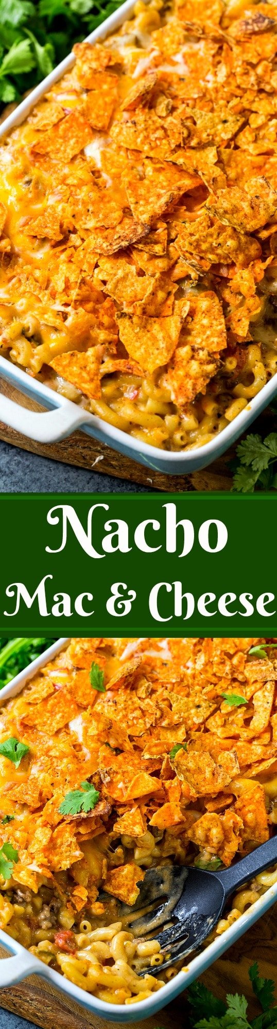 Nacho Mac & Cheese with ground beef and crushed Doritos on top.