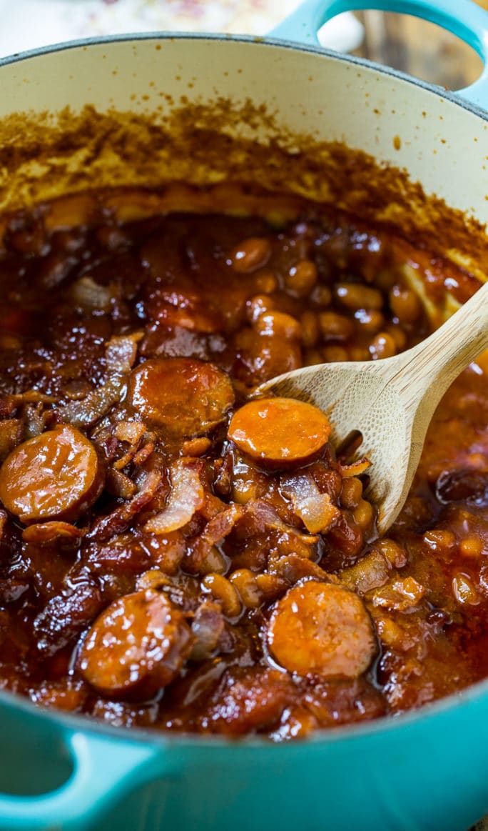 The Neely's Baked beans with smoked sausage. This is my very favorite baked bean recipe!