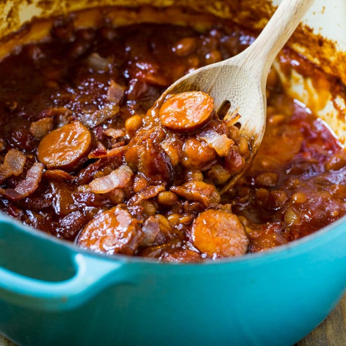 The Neely's Baked beans with smoked sausage. This is my very favorite baked bean recipe!
