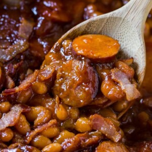 The Neely's Baked beans with smoked sausage. This is my very favorite baked bean recipe!