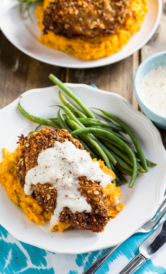 Nutty Fried Chicken with Smashed Sweet Potatoes and Milk Gravy