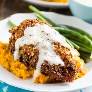 Nutty Fried Chicken with Smashed Sweet Potatoes and Milk Gravy.