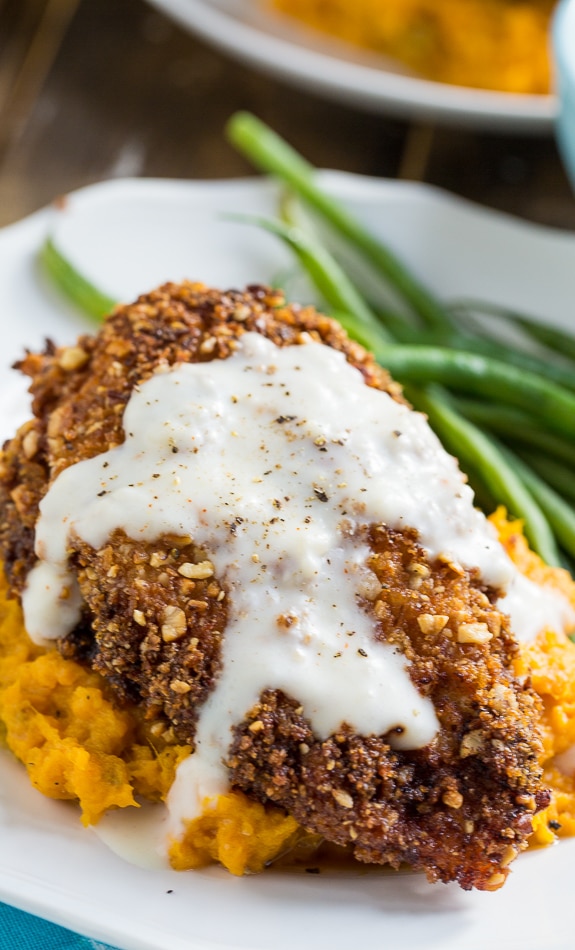 Nutty Fried Chicken with Smashed Sweet Potatoes and Milk Gravy