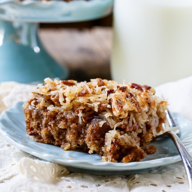 Old-fashioned Oatmeal Cake with coconut and pecan broiled topping.