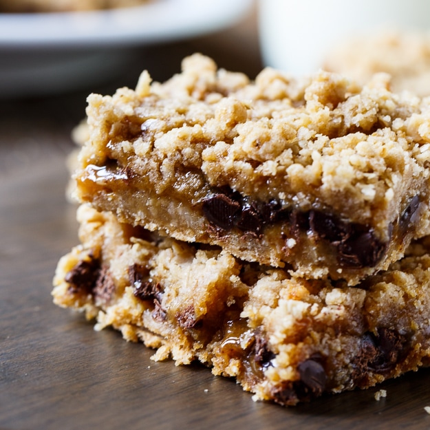 Oatmeal Carmelitas - chocolate chips and caramel sandwiched between oatmeal cookie dough layers.