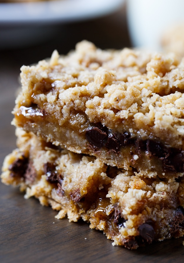 Oatmeal Carmelitas - chocolate chips and caramel sauce sandwiched between layers of oatmeal cookie dough.