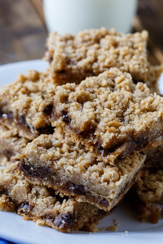 Oatmeal Carmelitas - chocolate chips and caramel sauce sandwiched between oatmeal cookie layers.