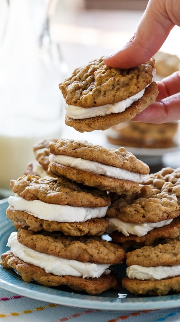 Oatmeal Sandwich Cookies- 2 chewy oatmeal cookies with a fluffy marshmallow filling.