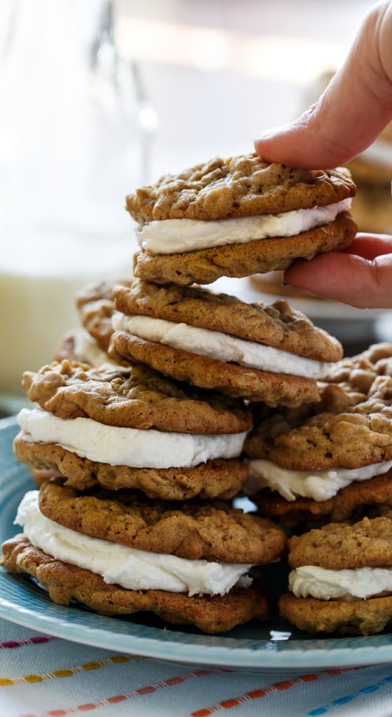 Oatmeal Sandwich Cookies- 2 chewy oatmeal cookies with a fluffy marshmallow filling.