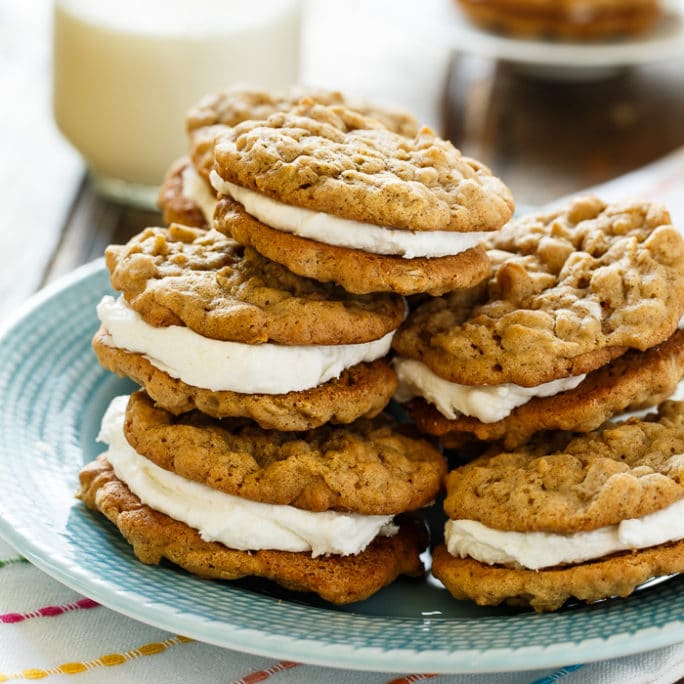 Oatmeal Sandwich Cookies- 2 chewy oatmeal cookies with a fluffy marshmallow filling.